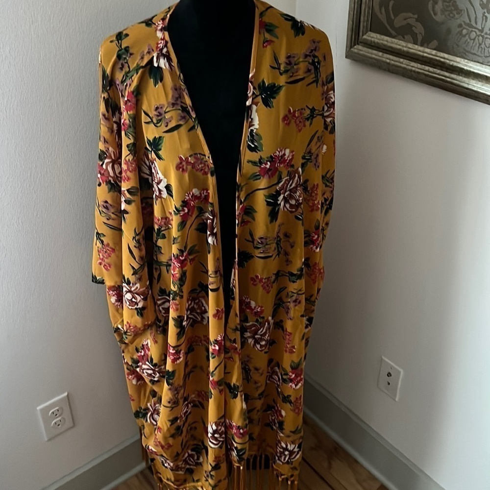 Truth NYC mustard floral print long cover up‎ open polyester cardigan fringed 1X